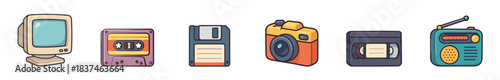 Six colorful retro electronic devices are arranged horizontally in a charming cartoon style, showcasing vintage technology with a nostalgic and playful aesthetic