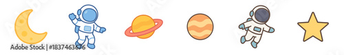 Six cute cartoon space-themed illustrations featuring a crescent moon, two astronauts, a ringed planet, a striped planet, and a five-pointed star, rendered in a simple, playful vector style
