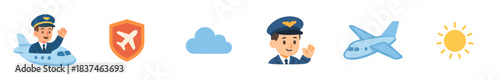 Collection of flat design aviation and weather icons, including pilots, airplanes, a safety shield, cloud, and sun, presented in a cheerful and simple graphic style