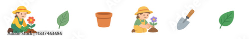 Gardening elements collection featuring happy people planting colorful flowers, a terracotta pot, a small shovel, and green leaves, depicted in a cheerful flat illustration style