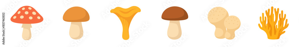 Obraz premium Six colorful cartoon mushrooms and fungi varieties are depicted in a charming, flat illustration style, showcasing diverse shapes and earthy tones