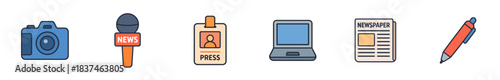 Collection of colorful flat journalism icons including a camera, microphone, press badge, laptop, newspaper, and pen, representing communication and reporting tools in a modern vector style