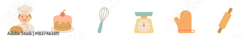 Six colorful flat design baking and cooking icons showcasing a chef, cake, whisk, scale, oven mitt, and rolling pin in a cheerful, simple illustration style