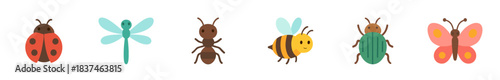 Collection of six colorful cartoon insect illustrations, including a ladybug, dragonfly, ant, bee, beetle, and butterfly, presented in a cheerful flat design style