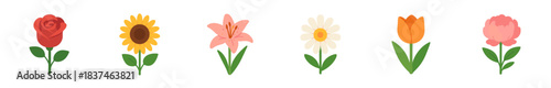 Six colorful stylized flowers with green stems and leaves are arranged in a horizontal row, showcasing a variety of popular blossoms in a simple, flat vector illustration style