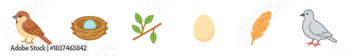 Collection of cute cartoon bird-related elements including a sparrow, a nest with an egg, a leafy branch, a single egg, a feather, and a pigeon, presented in a simple, cheerful illustration style