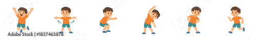 Cheerful cartoon young boy performs various exercises, including jumping, arm circles, squats, side bends, and running, depicted in a bright, energetic flat illustration style