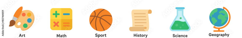 Fototapeta premium Six colorful educational subject icons are neatly arranged in a row, featuring symbols for art, math, sport, history, science, and geography in a modern flat graphic style