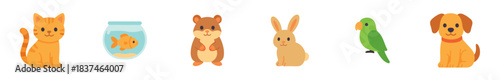 Charming collection of six cartoon pet animals, including a cat, goldfish, hamster, rabbit, parrot, and dog, depicted in a cute, flat, and friendly illustration style