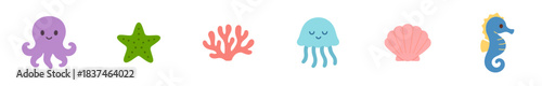 Cute collection of colorful sea life creatures including an octopus, starfish, coral, jellyfish, shell, and seahorse in a flat cartoon vector style for kids' design