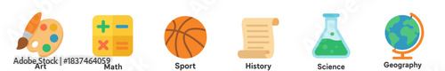 Six colorful educational subject icons are neatly arranged in a row, featuring symbols for art, math, sport, history, science, and geography in a modern flat graphic style