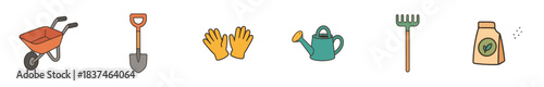 Collection of colorful hand-drawn gardening tools and supplies including a wheelbarrow, shovel, gloves, watering can, rake, and fertilizer bag, presented in a playful, simple illustration style
