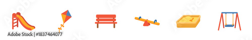 Six vibrant flat design playground equipment icons are neatly arranged, showcasing a slide, kite, bench, seesaw, sandbox, and swing set, all rendered with a cheerful, simple aesthetic