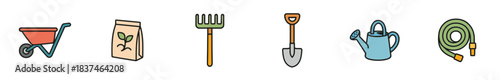 Six colorful cartoon gardening tools and supplies, including a wheelbarrow, fertilizer bag, rake, shovel, watering can, and coiled hose, presented in a cheerful flat design style