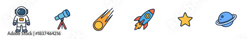 Vibrant collection of space-themed cartoon icons features an astronaut, telescope, comet, rocket, star, and ringed planet, rendered with bold outlines and bright, cheerful colors