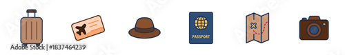 Six colorful flat design travel icons, including a suitcase, ticket, hat, passport, map, and camera, are neatly arranged in a horizontal row, representing essential items for a journey