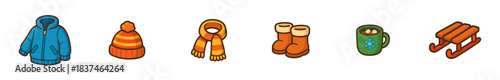 The image shows a collection of colorful cartoon winter essentials, including a blue jacket, striped hat, scarf, boots, hot chocolate mug, and a wooden sled, depicted in a cheerful, illustrative style