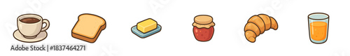 Delightful collection of cartoon breakfast items features coffee, toast, butter, strawberry jam, a croissant, and orange juice, rendered in a cheerful, simple vector illustration style