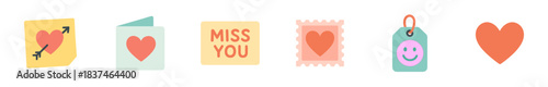 This charming collection of flat design love icons features a heart with an arrow, a greeting card, a 'Miss You' note, a postage stamp, a smiley face tag, and a heart, all in a soft pastel style