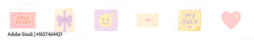 Collection of cute pastel love-themed items including a ticket, gift card, smiley face note, envelope, sticky note, and heart, presented in a charming flat illustration style