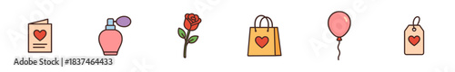 Six charming outline icons depict romantic gifts and celebration items, featuring a heart card, perfume, red rose, gift bag, pink balloon, and heart tag, in a cheerful flat design