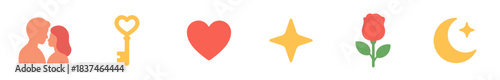 Six colorful flat design love and romance symbols including a couple, heart key, red heart, star, rose, and moon with a star, presented in a simple graphic style