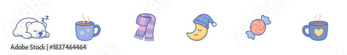 Charming collection of cozy winter comfort icons features a sleeping polar bear, steaming mugs, a striped scarf, a moon in a nightcap, and a wrapped candy, all rendered in a cute, flat cartoon style