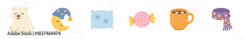 Six cute cartoon illustrations depict a sleepy polar bear, crescent moon, soft pillow, sweet candy, warm hot chocolate, and a cozy polka dot scarf