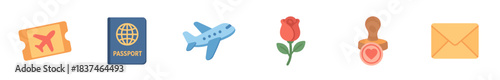 Vibrant set of flat design icons representing travel, communication, and affection, showcasing an airplane ticket, passport, plane, rose, heart stamp, and envelope in a modern, clean graphic style