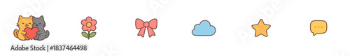 Cute cartoon vector icons set featuring various symbols, including loving cats, a flower, bow, cloud, star, and speech bubble, rendered in a cheerful, simple, and playful illustration