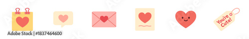 Various cute flat design love icons and symbols are presented, featuring hearts, a note with clips, a speech bubble, an envelope, a sweet card, a smiling heart, and an affectionate tag