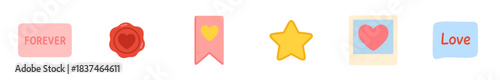 Six charming flat design love icons, featuring a 'forever' tag, heart wax seal, heart bookmark, yellow star, heart photo, and 'love' speech bubble, are presented in a cheerful and romantic style