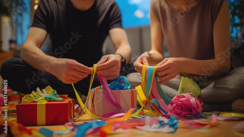 Couple Creating Colorful Decorations for Festive Gift Boxes