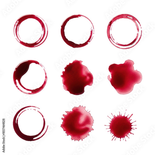 Nine distinct red wine stains in various forms, from circular rings to dynamic splatters, showing rich crimson hues and varied opacity against a transparent background, commercial concept