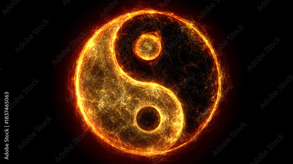 Fototapeta premium Yin yang symbol made of fire on black background in a digital design