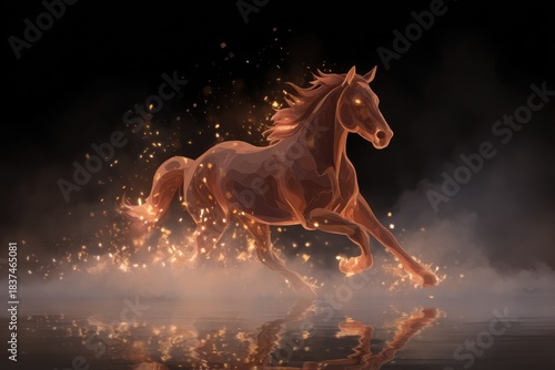 Red horse gallops through mist, celebrating the vibrant spirit of Chinese New Year 2026 with glowing energy and elegance