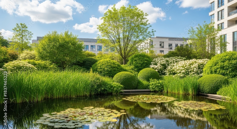 Obraz premium Serene pond and manicured garden with modern building