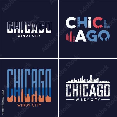Chicago Windy City skyline typography set with urban silhouette and modern cityscape graphic elements