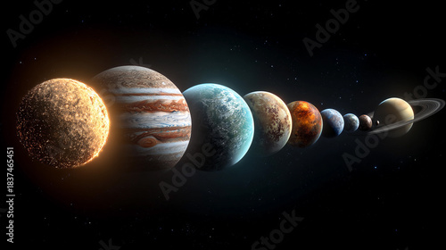Planets in a line with stars and space in the background