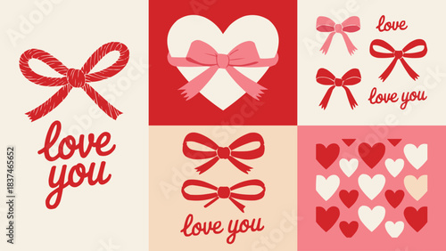Romantic love illustration set with hearts, bows and handwritten lettering in red and pink for Valentine and affection themes
