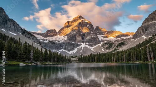 Majestic Mountain Peak Bathed in Golden Hour Light Reflected in a Calm Alpine Lake Surrounded by Pine Forests and Rocky Slopes Under a Cloudy Blue Sky