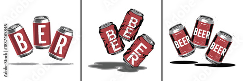 Beer can illustration set with floating crushed and tilted red cans in bold modern graphic style