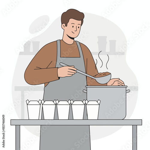 Charity Kitchen Chef Serving Hot Meals Donation Takeout Food Illustration