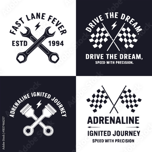 Motorsport emblem set with wrenches, pistons, checkered flags and adrenaline themed racing typography