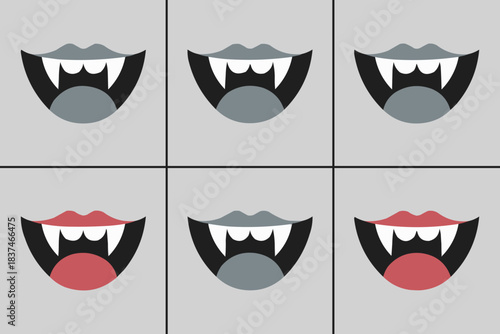Vampire mouth icon set with cartoon fangs and stylised lips in grid layout on grey background