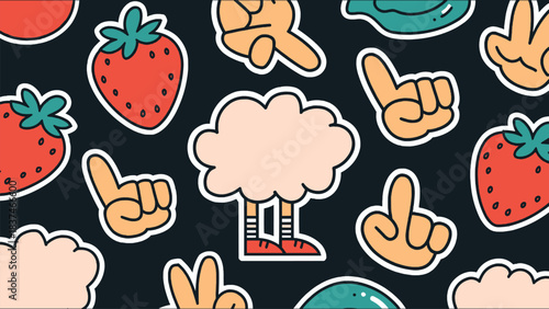 Playful sticker pattern with cartoon strawberries, hand gestures and whimsical character on dark background