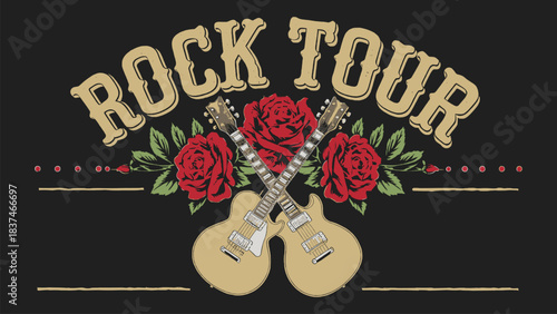 Vintage rock tour emblem with crossed electric guitars and red rose illustration on dark background