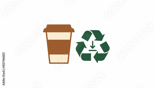 An image of a coffee cup paired with a recycling symbol promoting the reduction of singleuse materials.