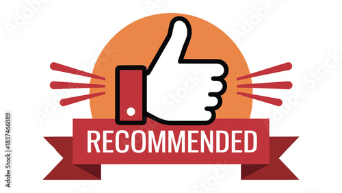 Recommended badge with thumbs up icon and ribbon banner in bold flat graphic style
