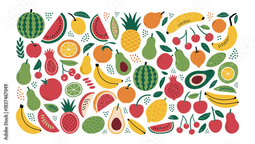 Bright assorted fruit pattern with colourful tropical produce and playful hand-drawn botanical elements